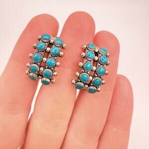 Vintage MCM Sterling Silver Turquoise Cluster Earrings Screw Back Southwestern